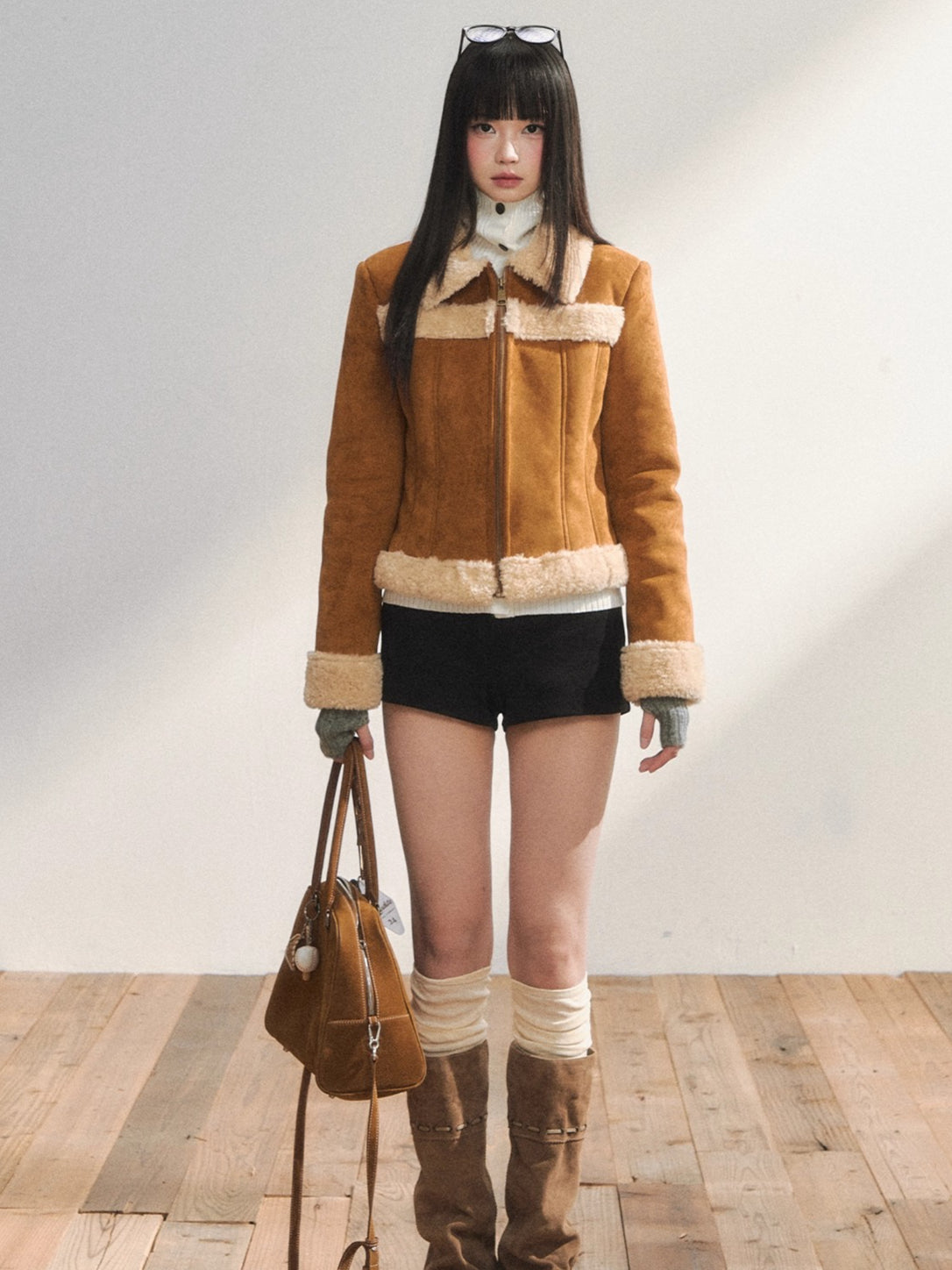 Two-Tone Shearling Cropped Jacket