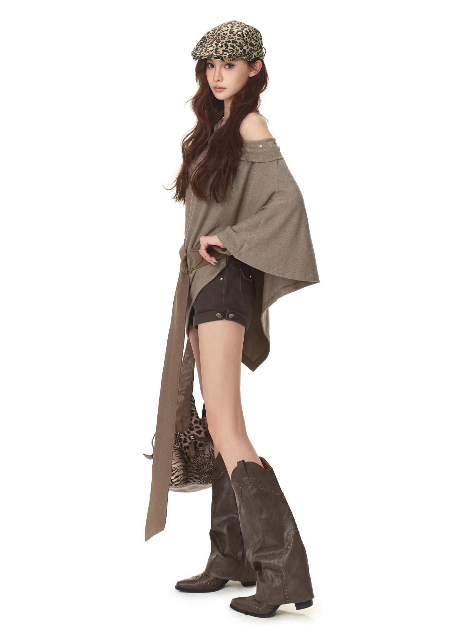 Cape-Style Off-Shoulder Long T-Shirt