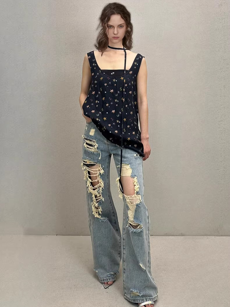 Straight-Leg Distressed Denim Jeans