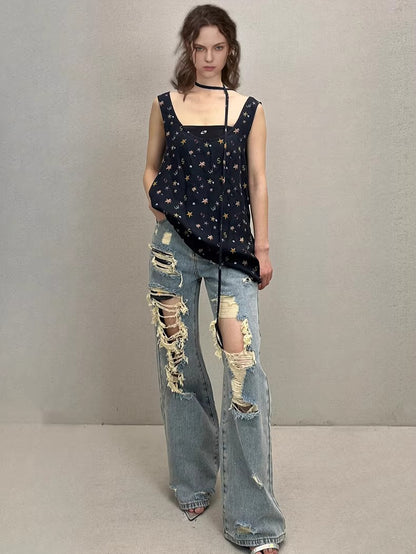 Straight-Leg Distressed Denim Jeans