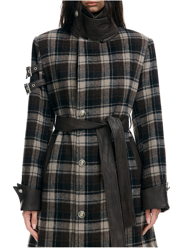 Plaid Patchwork Leather-Trim Quilted Trench Coat