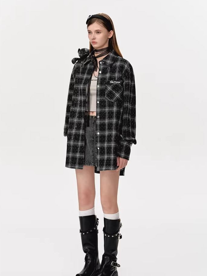 Vintage Plaid Crystal Bear Mid-Length Shirt