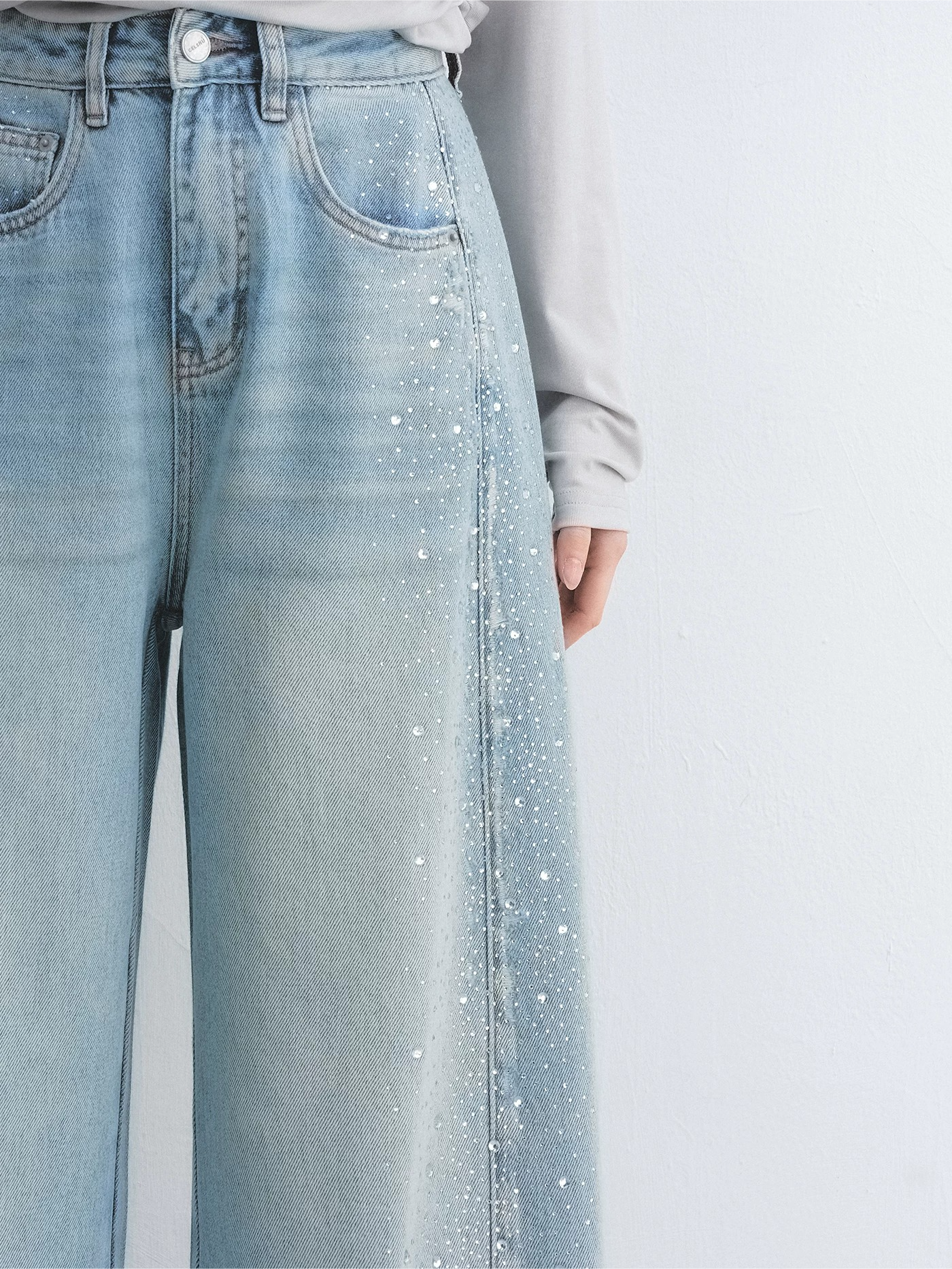 Lyocell Washed Rhinestone Curved-Leg Wide Denim Pants