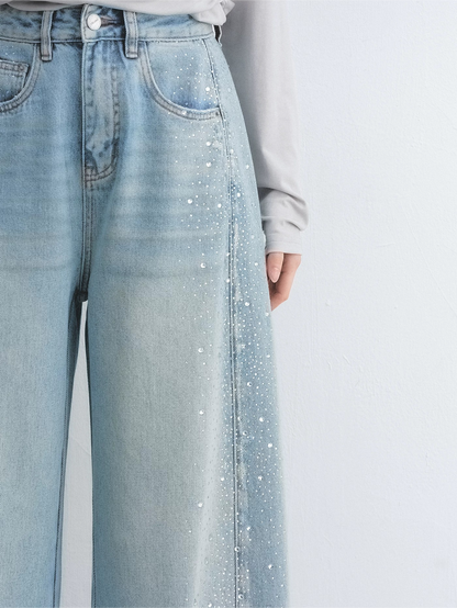 Lyocell Washed Rhinestone Curved-Leg Wide Denim Pants