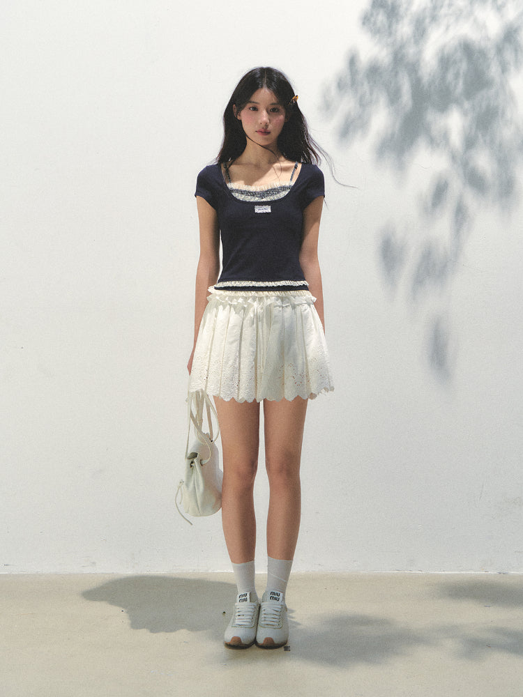 Two-piece Spliced Hem Lace Short-sleeve T-shirt - CHINASQUAD