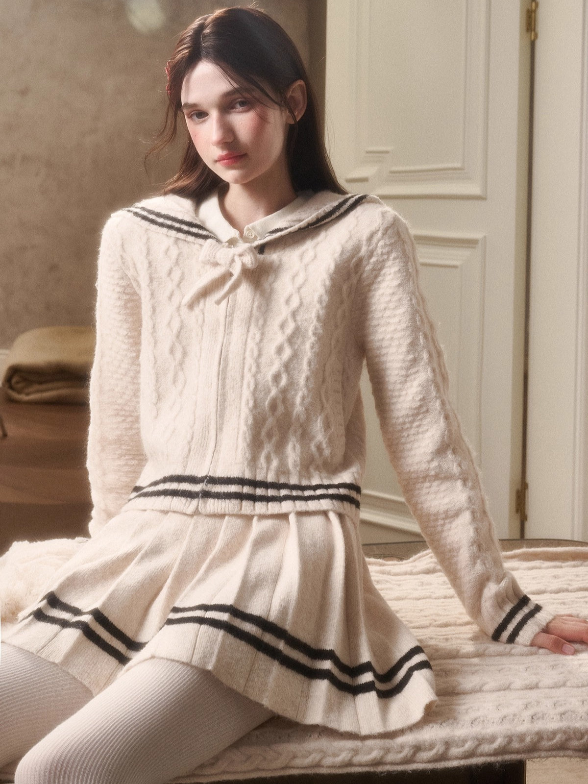 White Philosophy Wool Cloud Cable-Knit Cardigan &amp; Pleated Skirt Set