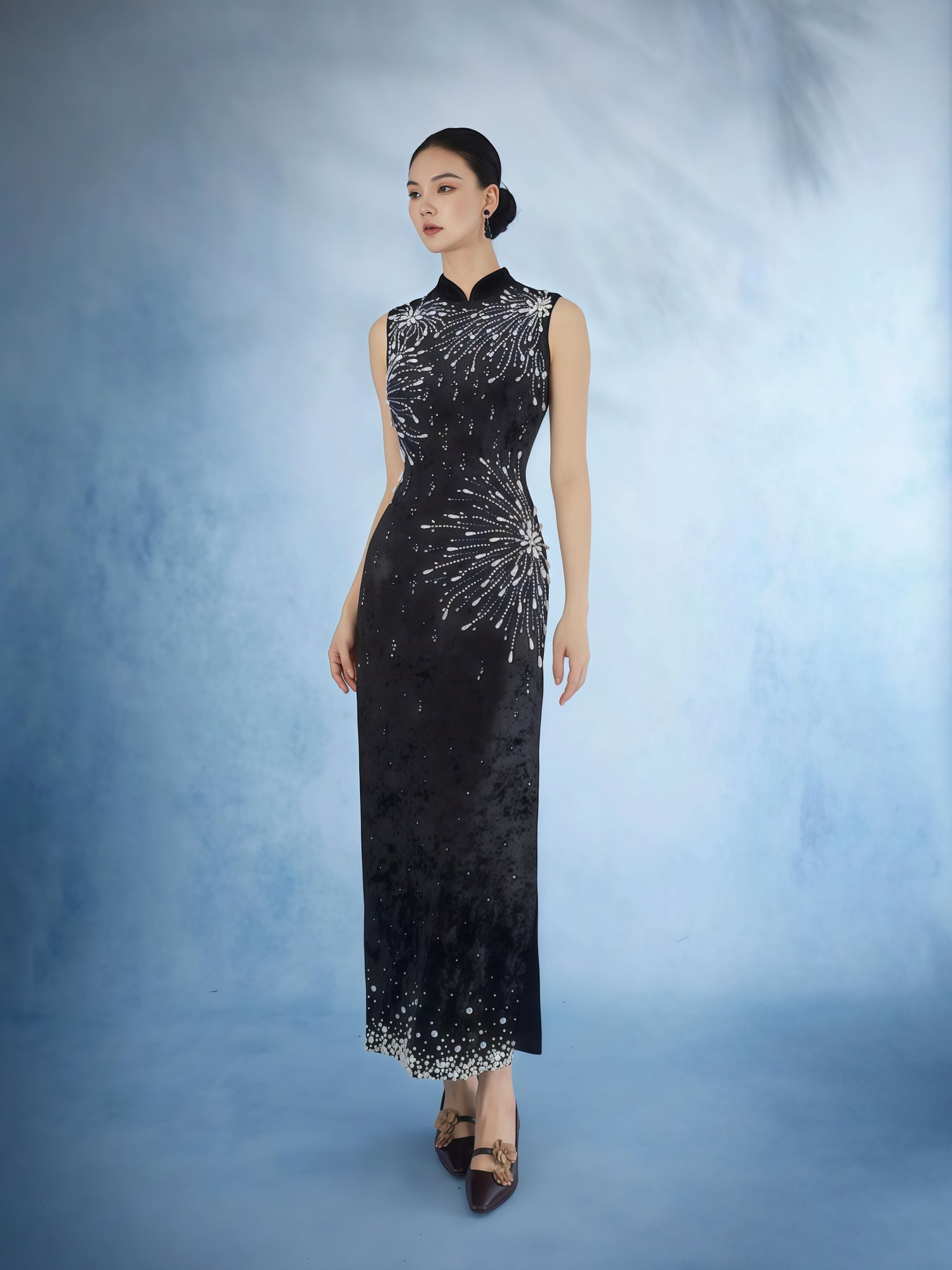 Midnight Radiance Embellished Mandarin Collar Gown