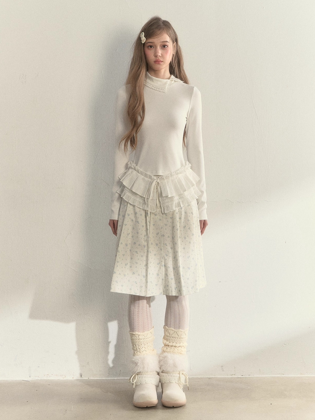 Layered Pleated Mock-Neck Knit T-Shirt