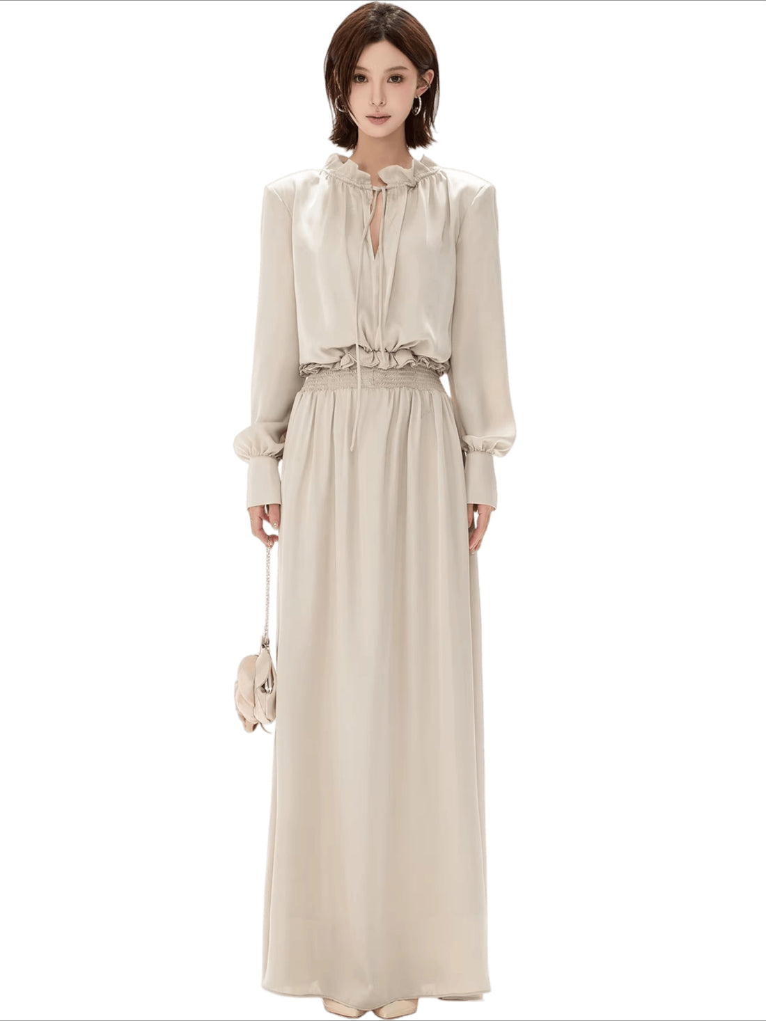 Elegant Ruffled Collar Satin Maxi Dress