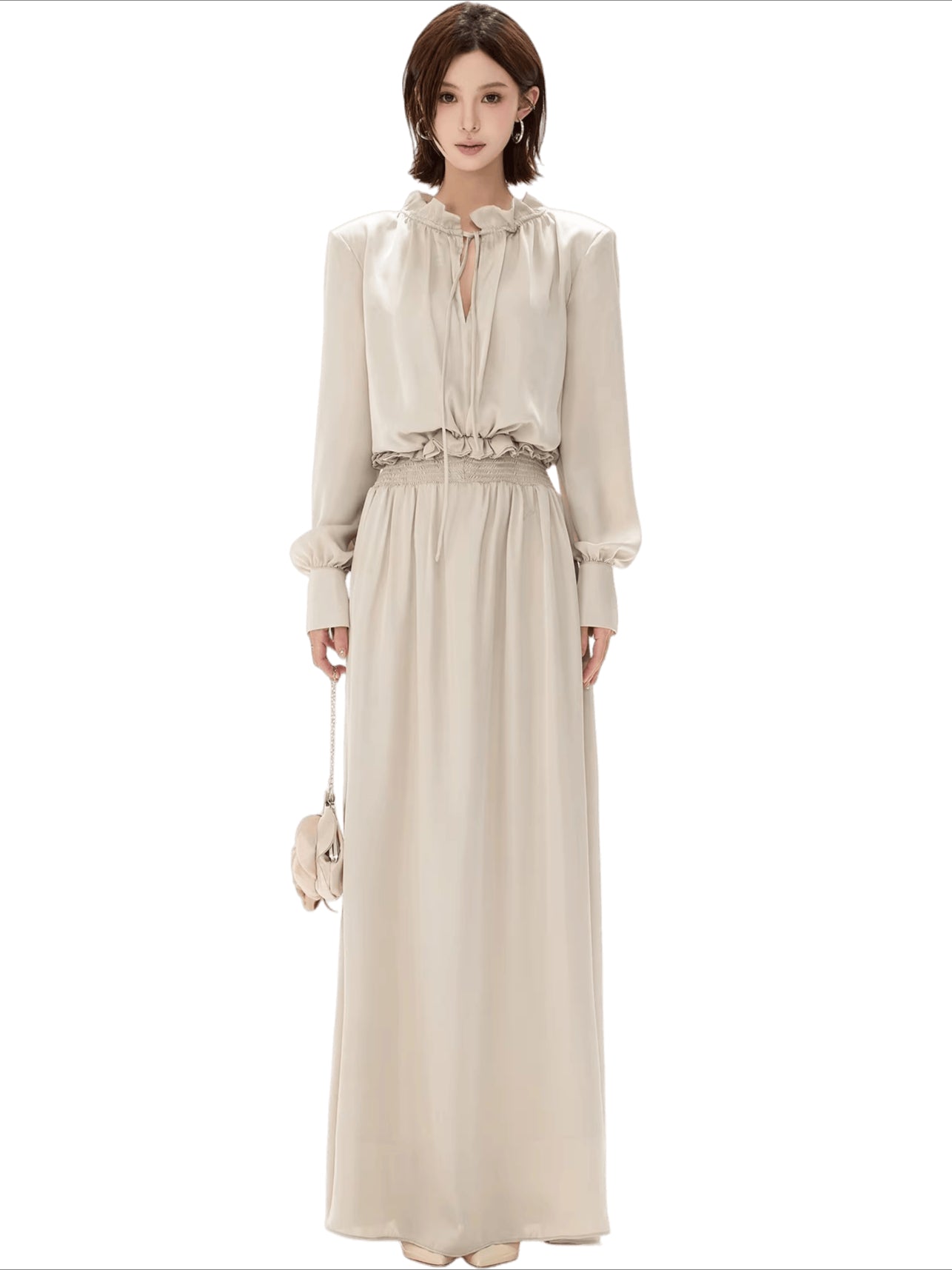 Elegant Ruffled Collar Satin Maxi Dress