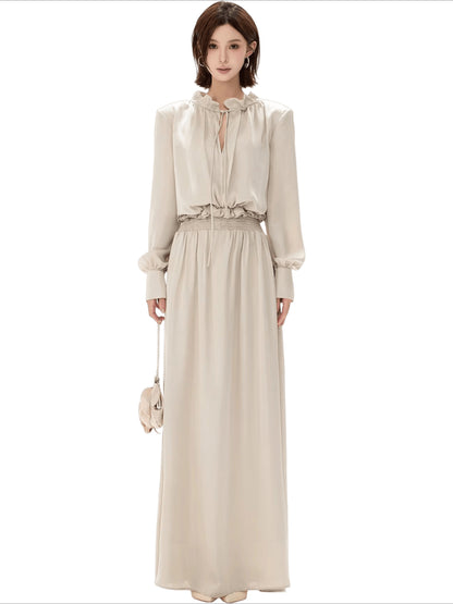 Elegant Ruffled Collar Satin Maxi Dress