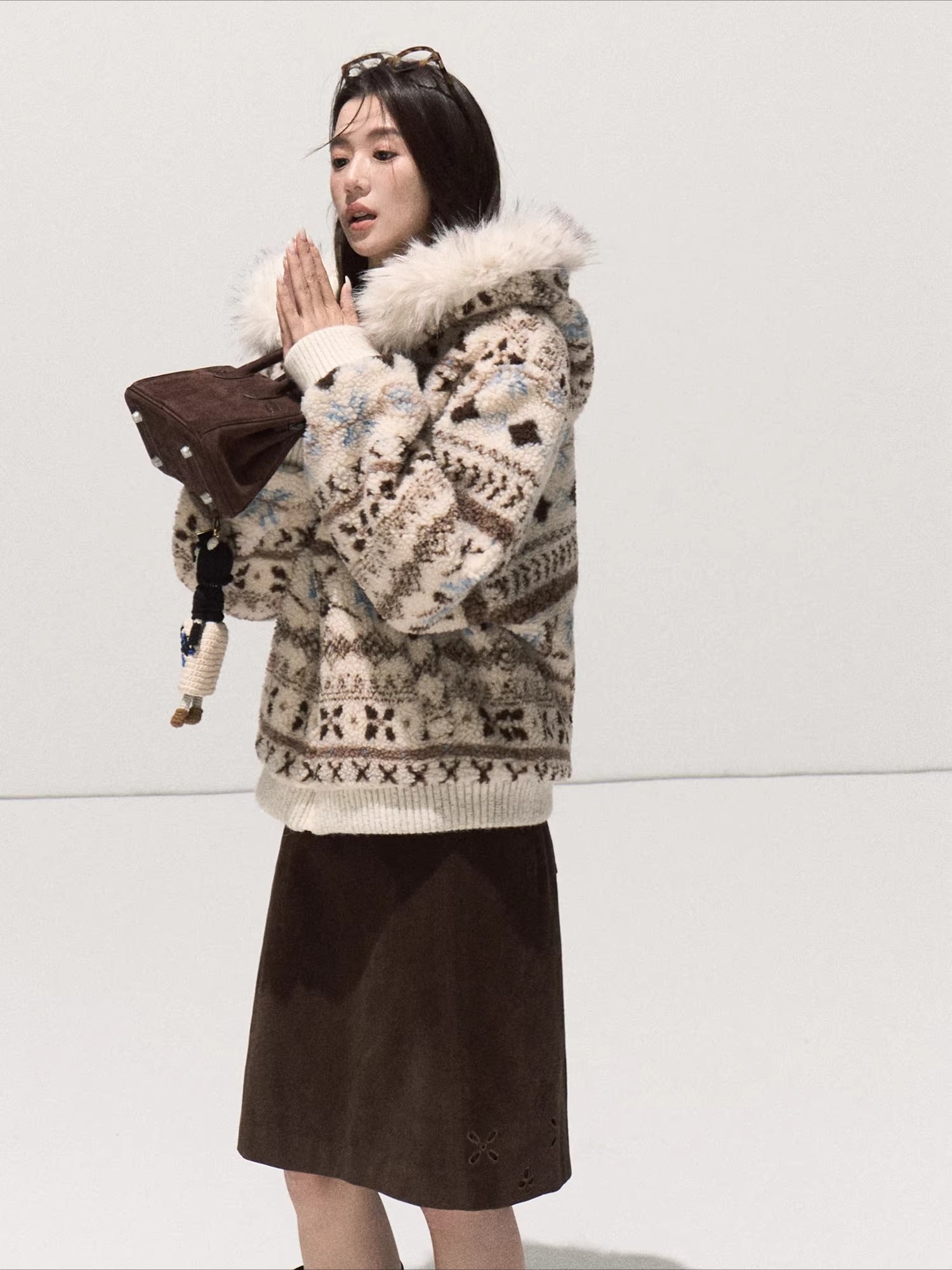 Jacquard Shearling Hooded Short Jacket