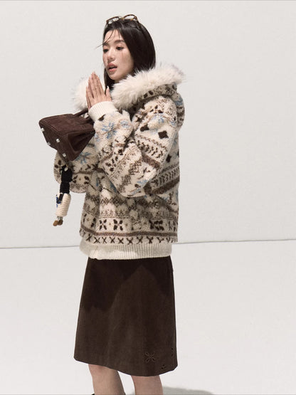 Jacquard Shearling Hooded Short Jacket