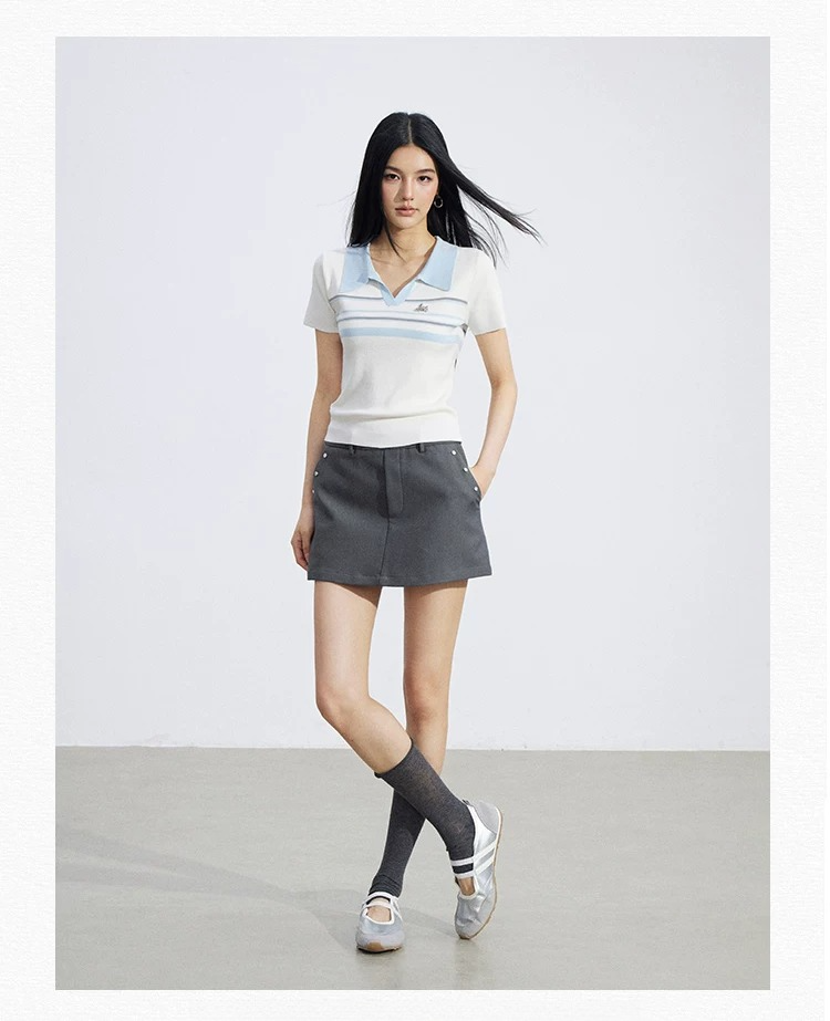 Striped Contrast Collar Ice Silk Polo Top