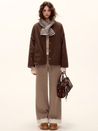 Embroidered Hem Wool Blend Wide-Leg Trousers