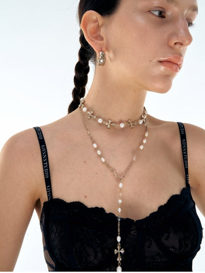 Double-Layered Pearl Fleur-de-Lis Y Necklace