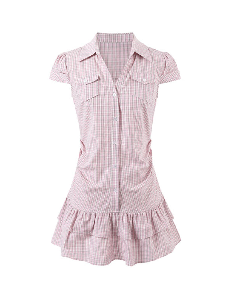 Waist-Cinching Elastic Short - Sleeve Shirt Dress