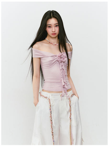3D Rose One-shoulder Short-sleeve T-shirt