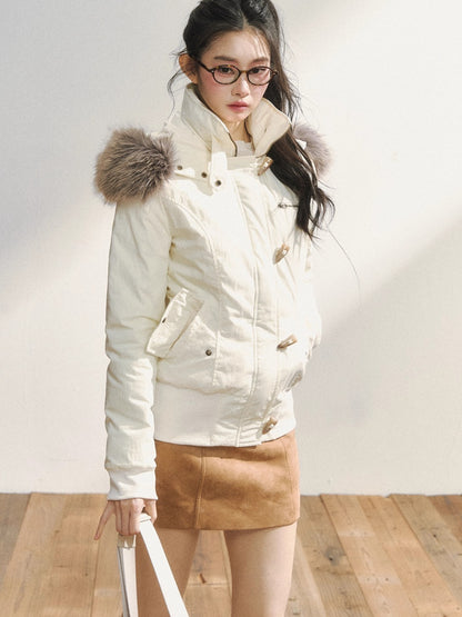 Two-Tone Faux Fur Collar Hooded Duffle Puffer Jacket