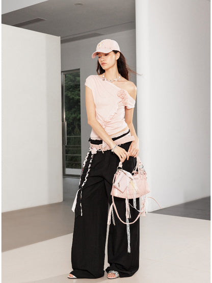 Irregular Ruffle Flower Asymmetric Shoulder Top