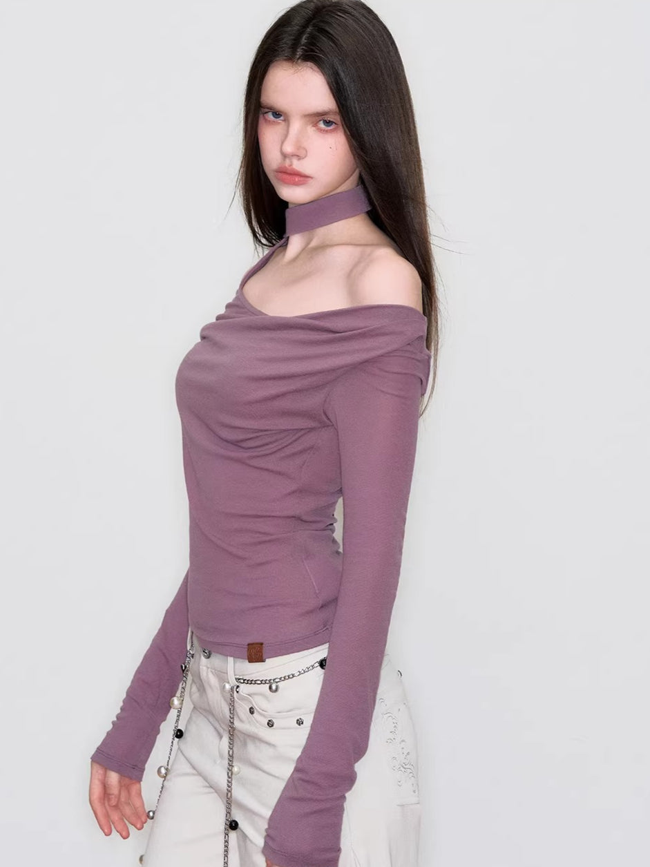 Asymmetric Off-Shoulder Knit T-Shirt