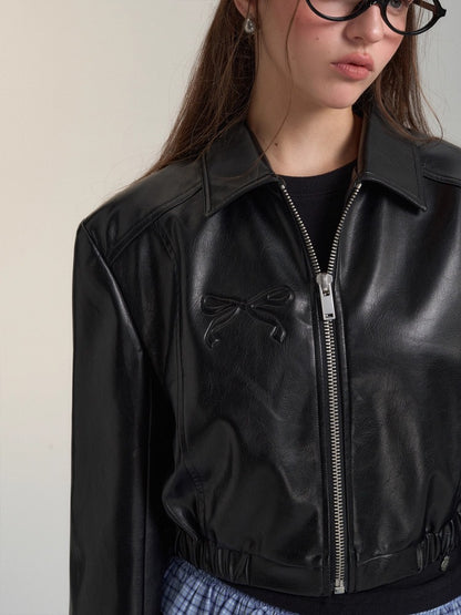 Black Butterfly Knot Faux Leather Moto Jacket