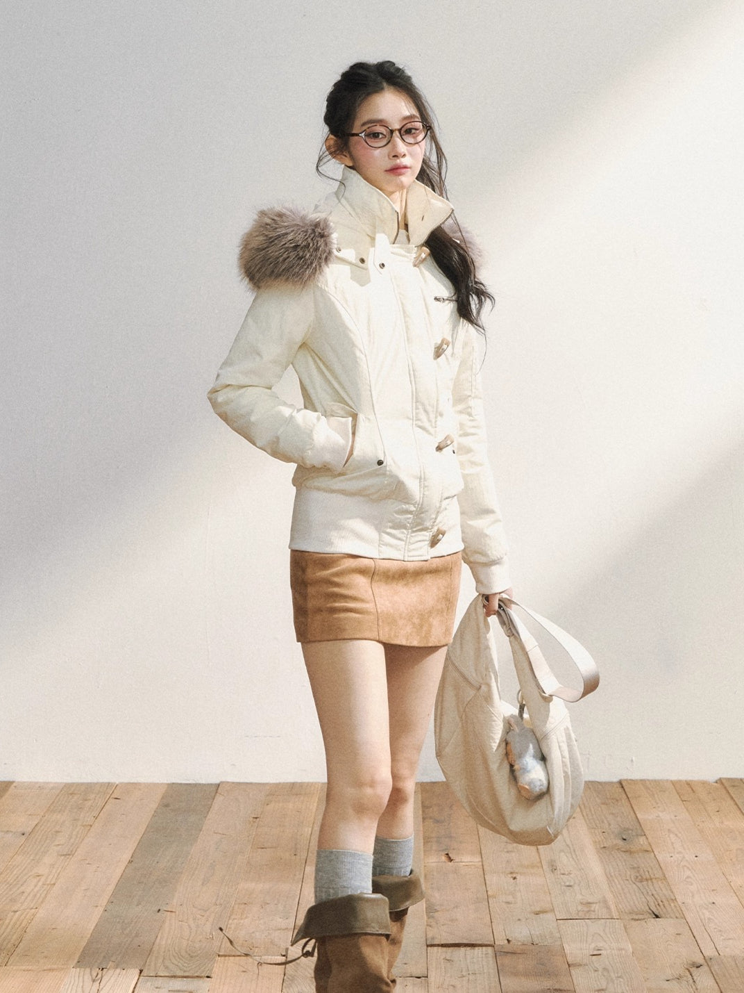 Two-Tone Faux Fur Collar Hooded Duffle Puffer Jacket