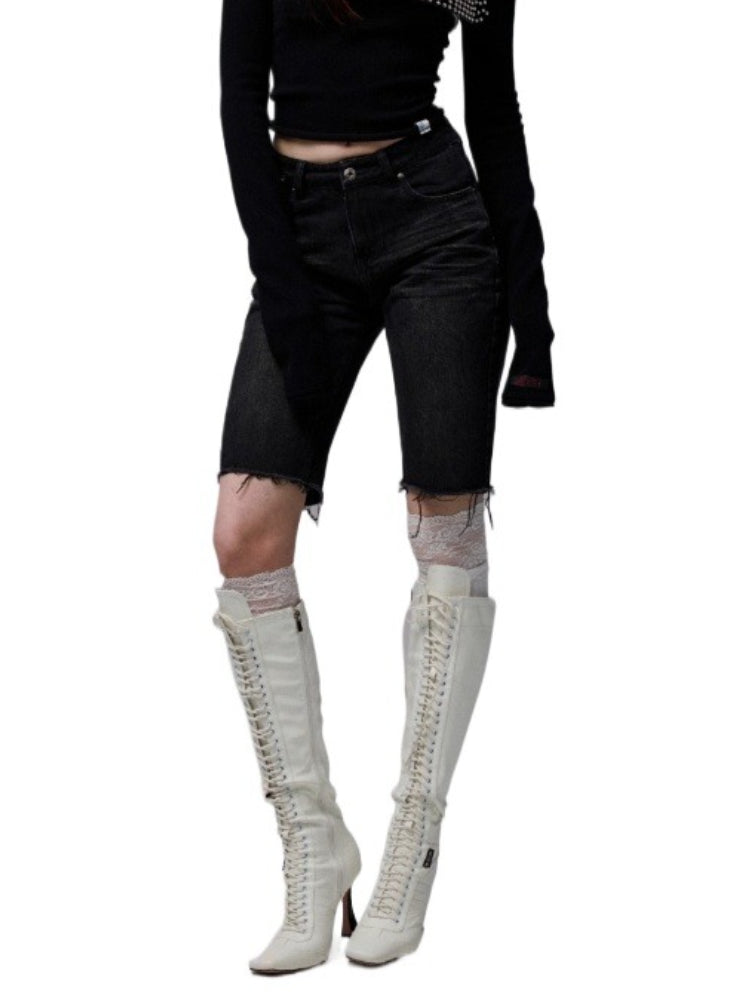 Washed Raw-edge Embroidered Denim Shorts