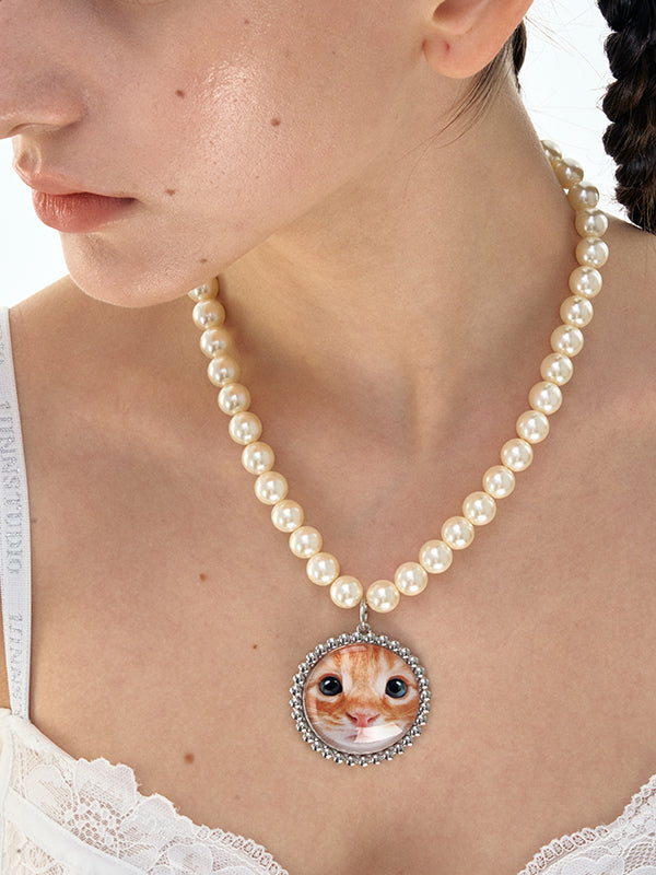 Cute Cat Face Pearl Necklace Choker