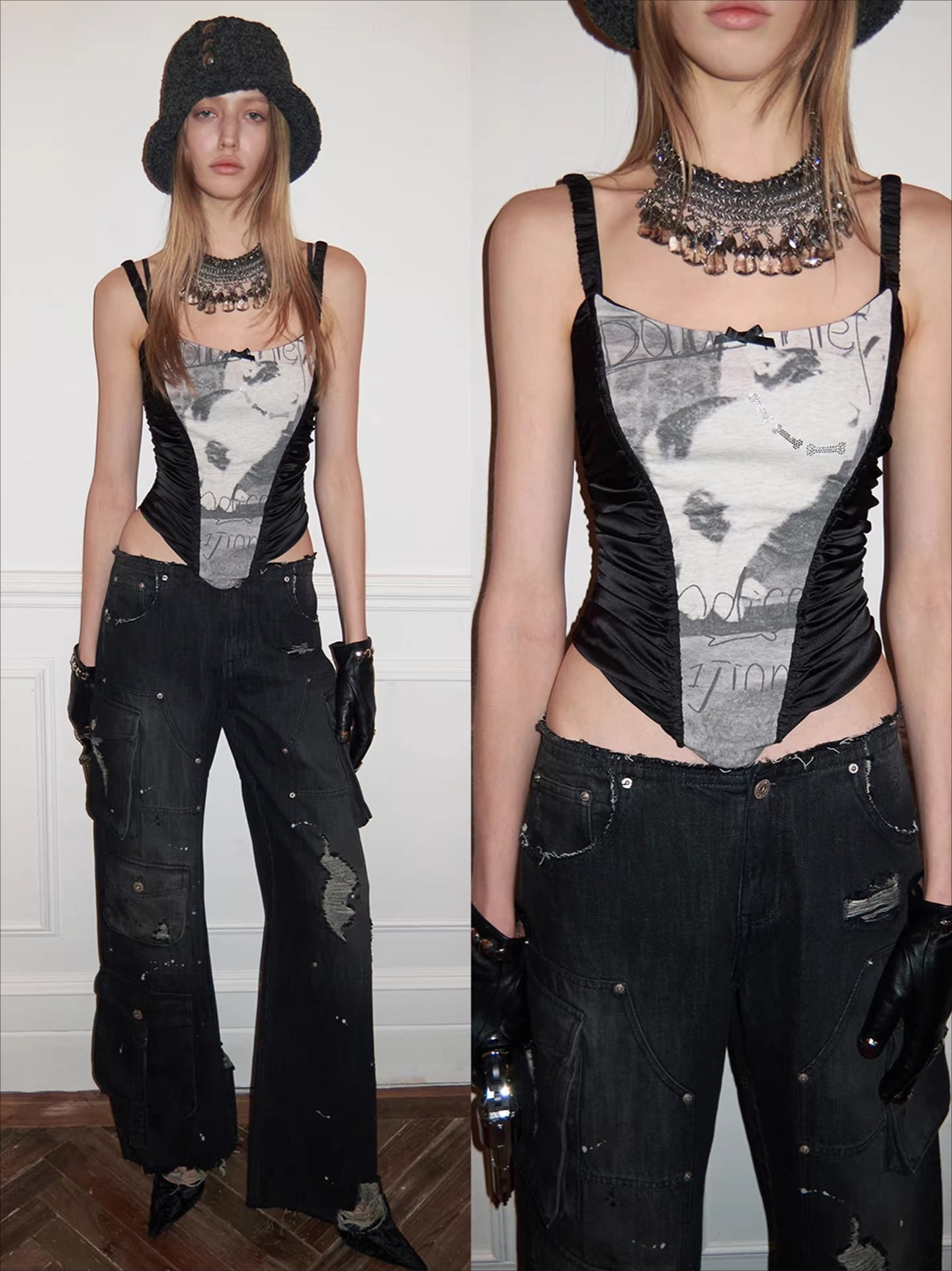 Satin-Panel Corset-Style Cropped Camisole