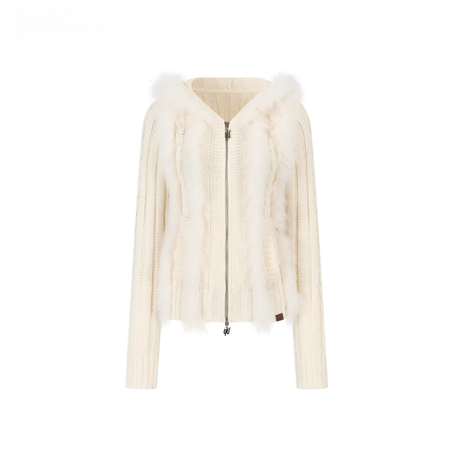 Fox Fur Trim Hooded Knit Cardigan