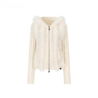 Fox Fur Trim Hooded Knit Cardigan