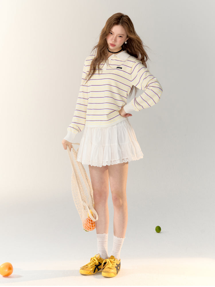 Color-block Striped Knit Polo Top