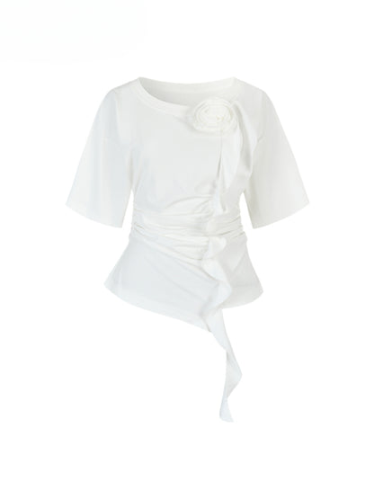 Asymmetric Shoulder 3D Floral T-shirt