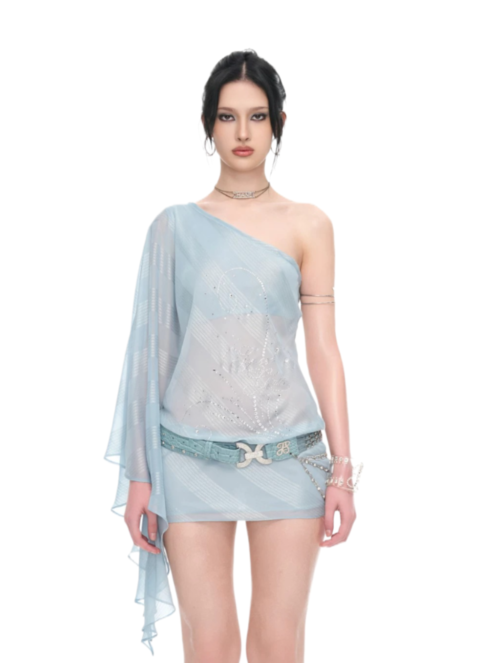 Sheer One-Shoulder Mini Dress Blue / S