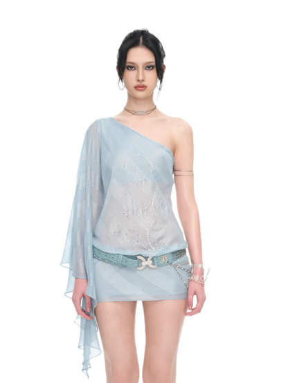 Ice Blue Asymmetric Shimmer Chiffon Bodycon Dress