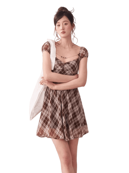 Vintage Plaid Puff Sleeve A-Line Mini Dress