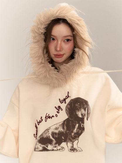 Retro Dog Print Fleece-Lined Hoodie