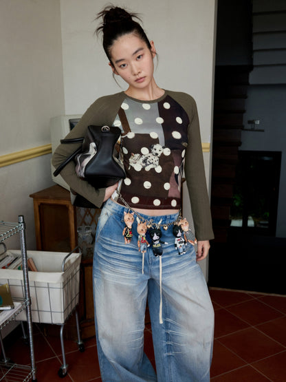 Cat Print Raglan Sleeve Color-Blocking T-Shirt