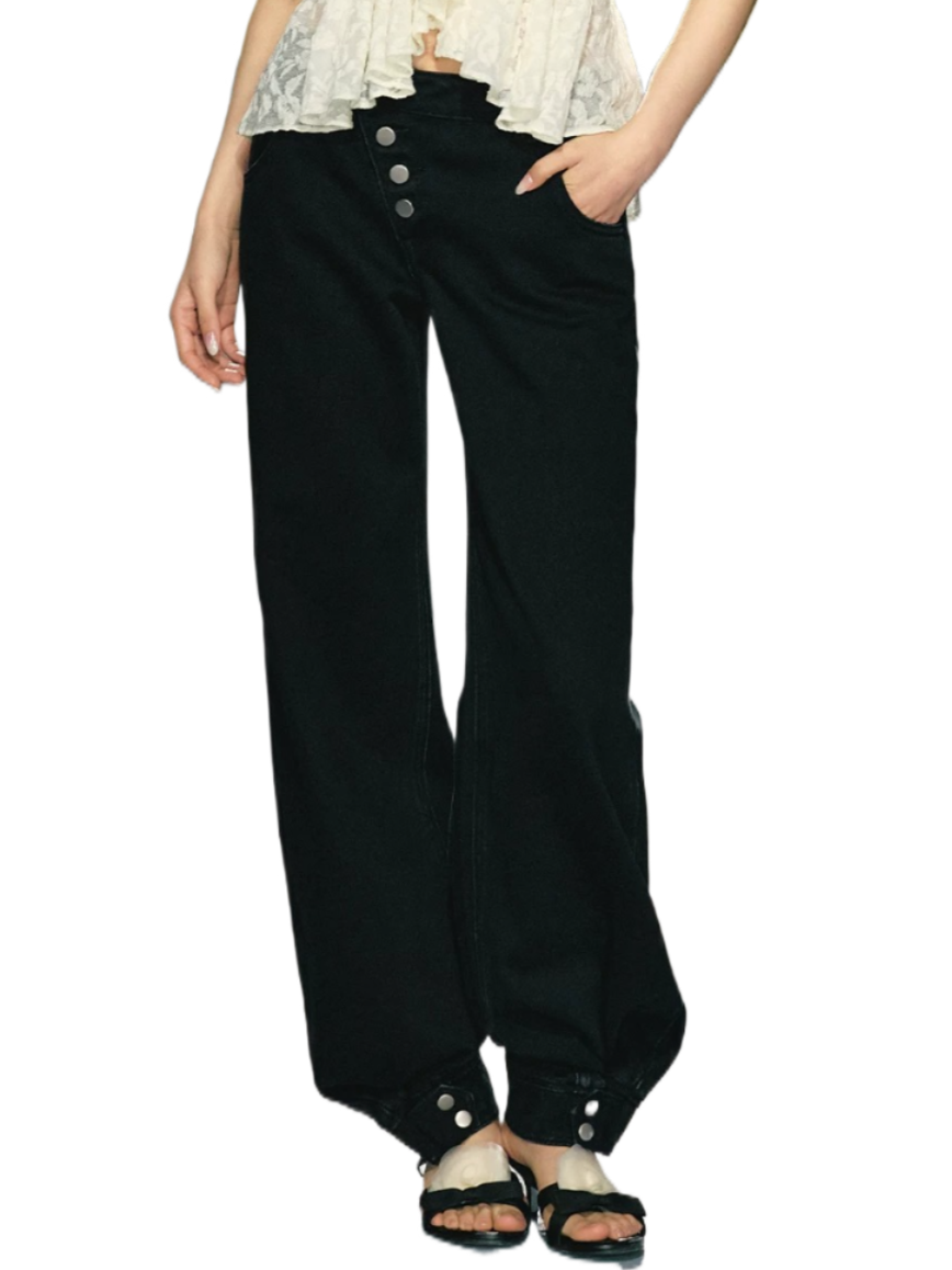 Asymmetric Placket Straight-Leg Denim Trousers