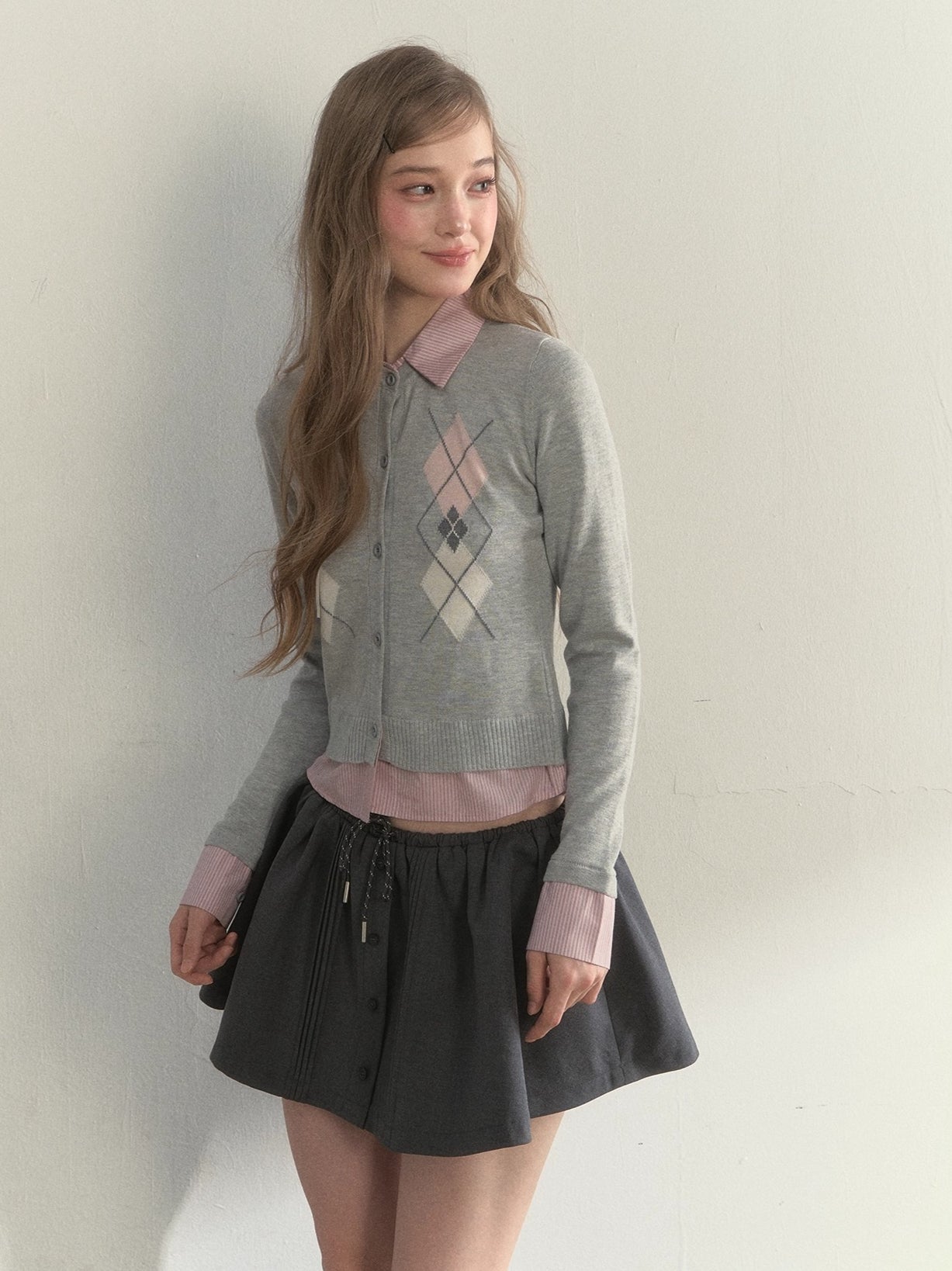 Layered Argyle Shirt Collar Knit Cardigan