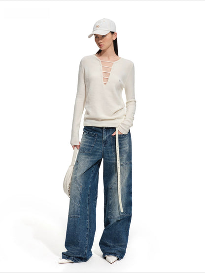 Wide-Leg Vintage Wash Denim Pants