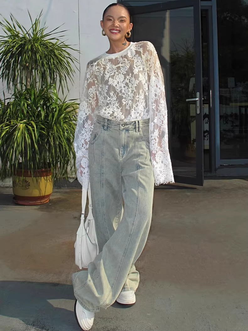 Washed Wide-Leg Denim Pants