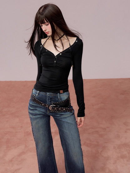 Round-Neck Fitted Knit T-Shirt