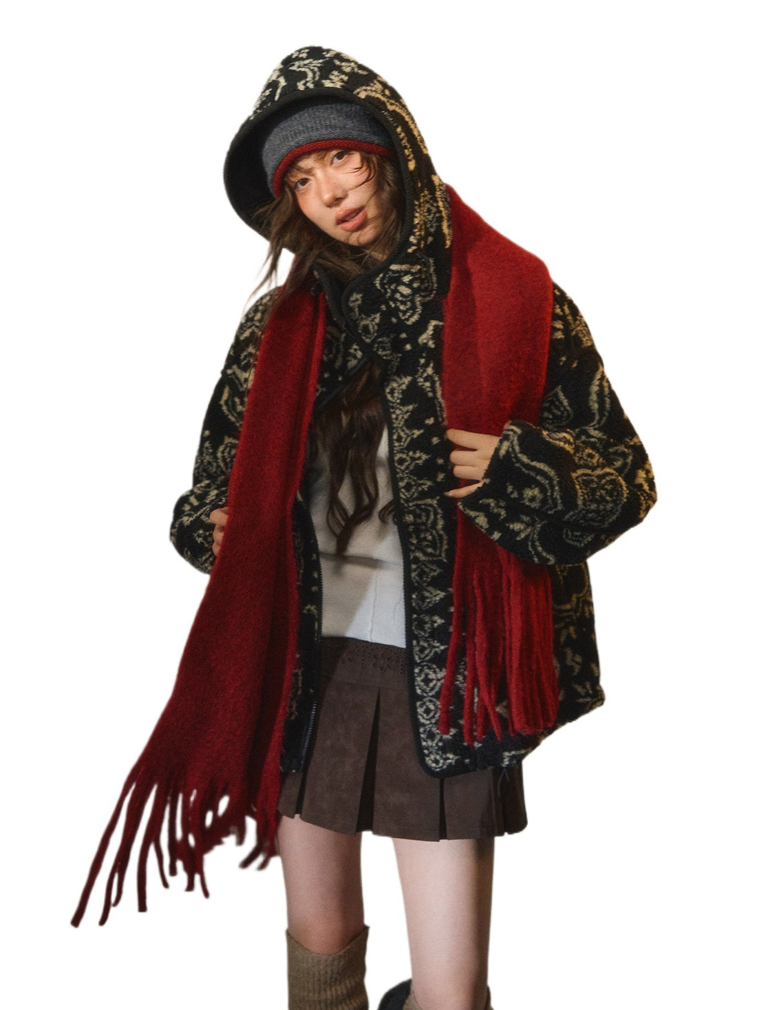 Jacquard Fleece Hooded Casual Jacket