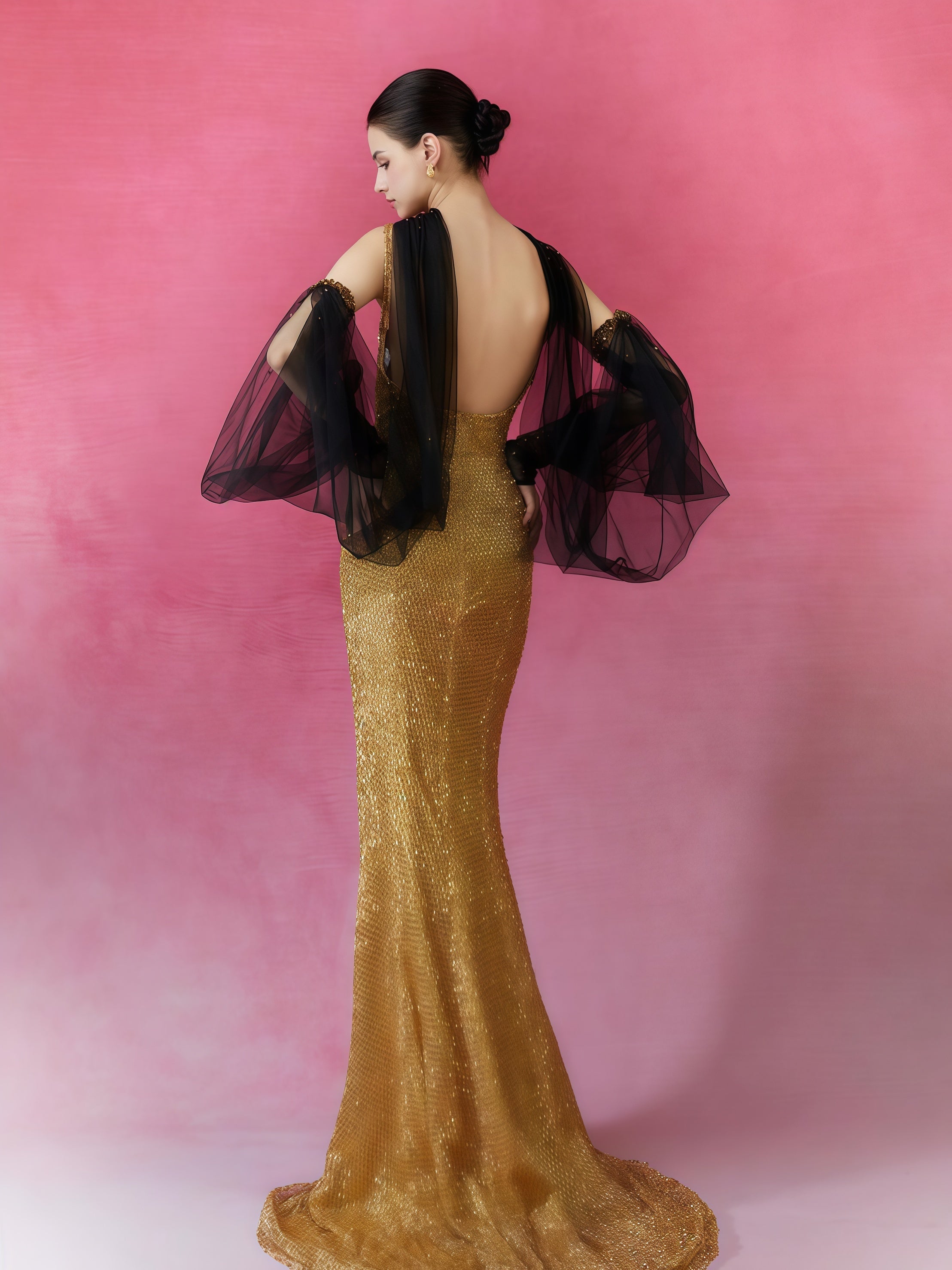 Molten Gold Sequin Illusion Cape Gown