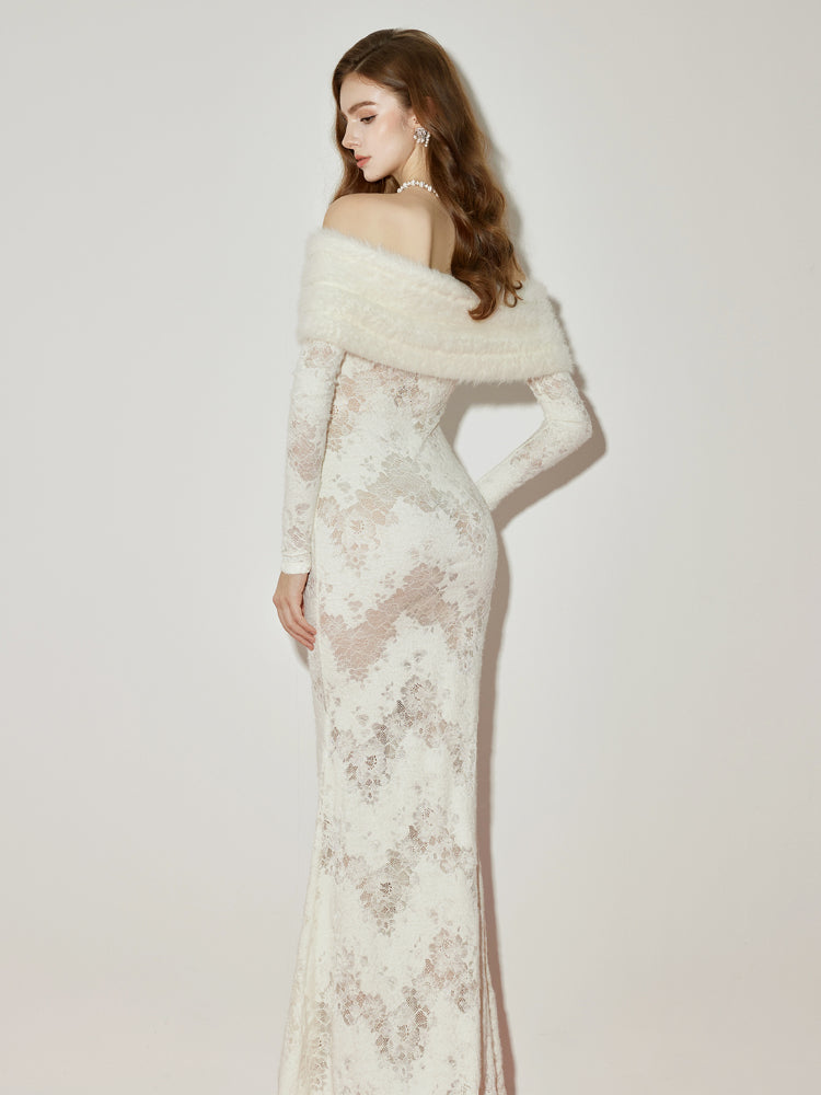 Cynthia Off-Shoulder Fur Collar Long Sleeve Lace Dress