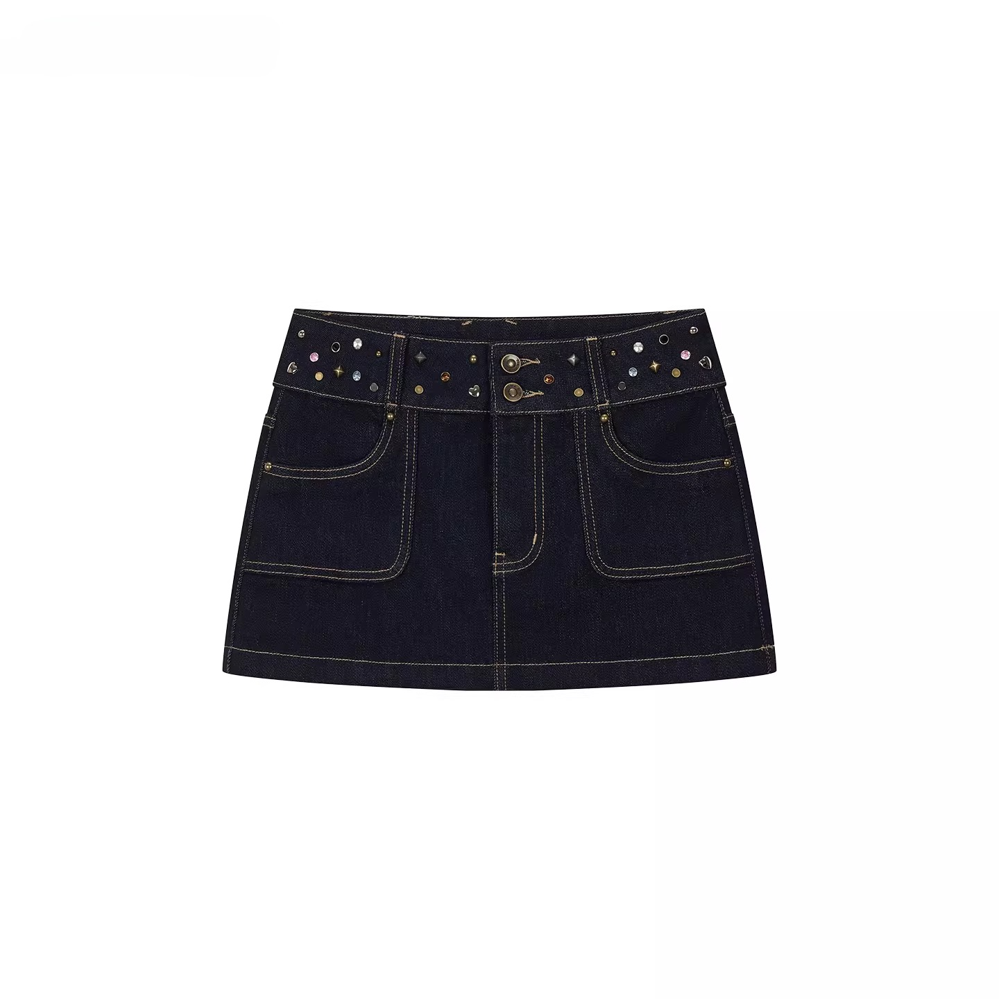 Vintage Studded Waist Denim Mini Skirt