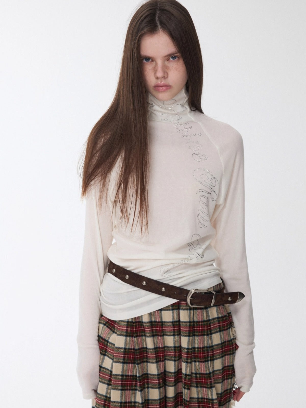 Rhinestone High-Neck Raglan Knit T-Shirt