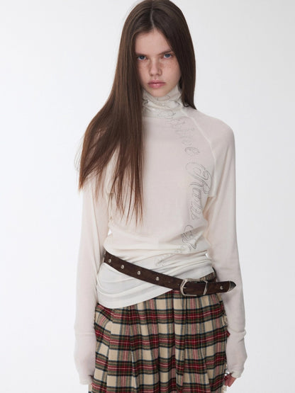 Rhinestone High-Neck Raglan Knit T-Shirt